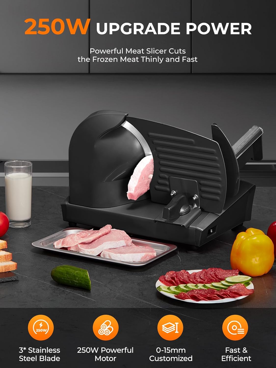 Trancheuse électrique - 250W, 3 lames, épaisseur 0-15mm, sécurité