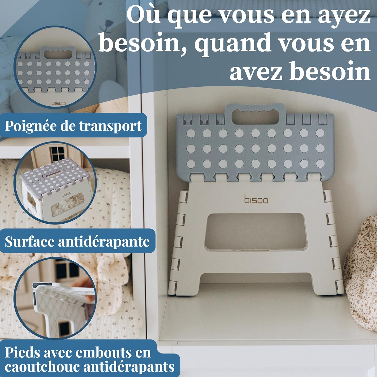 Bisoo - Tabouret pliant 22 cm - plastique robuste, enfant, portable