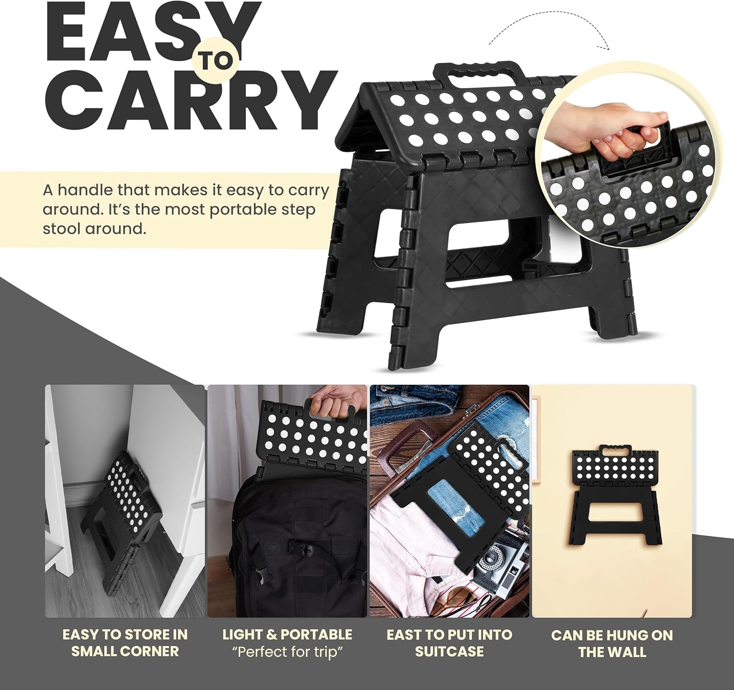 Utopia Home - Tabouret pliant 23 cm - antidérapant, portable, charge 272 kg, noir