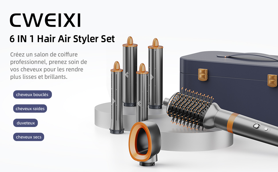 comprenant des accessoires cylindriques, une brosse ronde et un étui de rangement. L'ensemble comprend plusieurs options de coiffage pour différents types de cheveux.