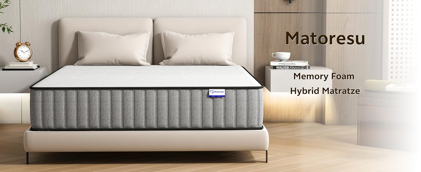 Le texte indique « Image 3 » et « Materesu ». Présentoir de matelas moderne montrant un matelas hybride gris sur une base plateforme contre un mur beige.