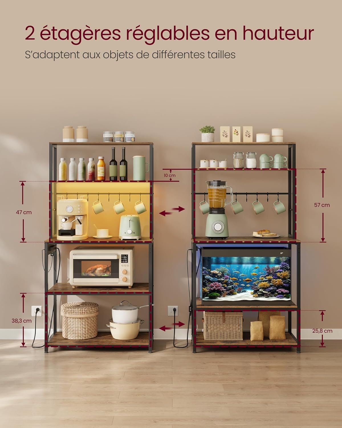 VASAGLE - étagère cuisine LED, multiprise, 8 crochets, étagères réglables, 40x80x168,4 cm - KKS050KD01