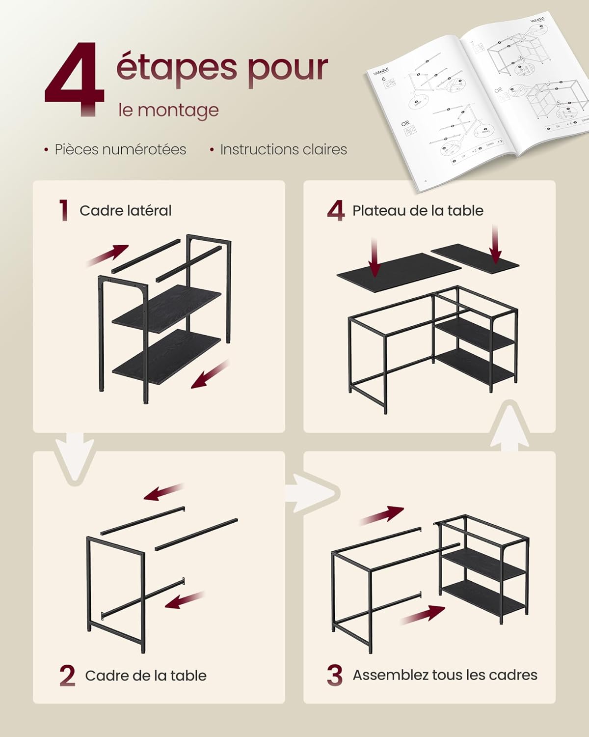 VASAGLE - bureau gaming LWD135BE01 - 110x80cm - étagères réglables, rangement