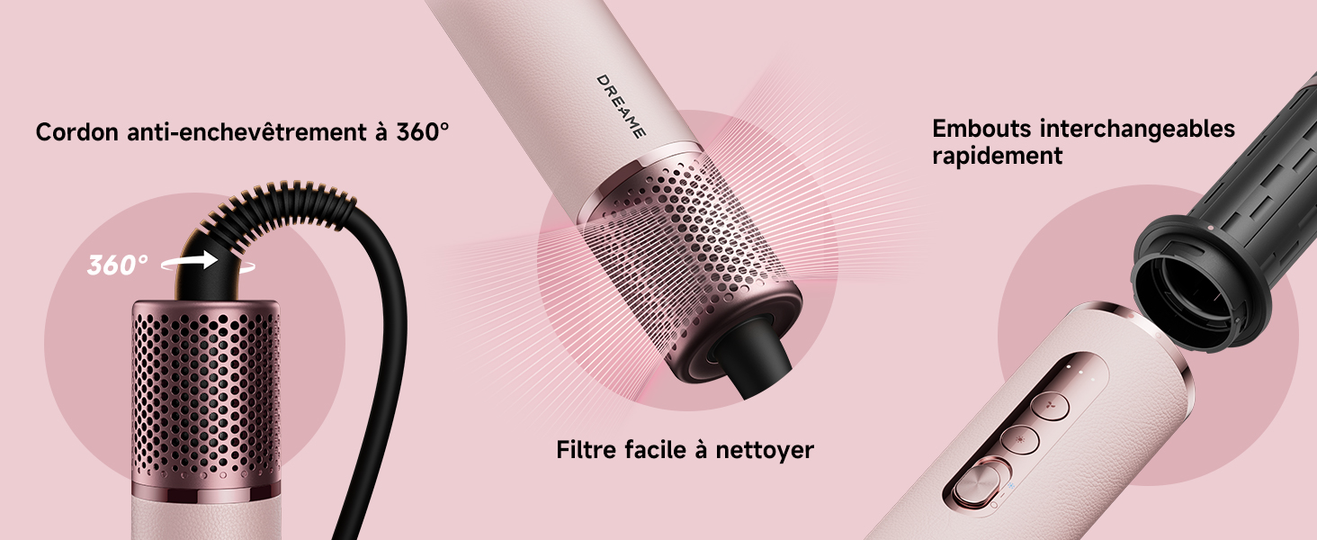 Schéma de produit en texte français montrant trois composants d'un outil de coiffure : « Cordon anti-enchevêtrement à 360° », « Filtre facile à nettoyer » et « Embouts interchangeables rapidement ».
