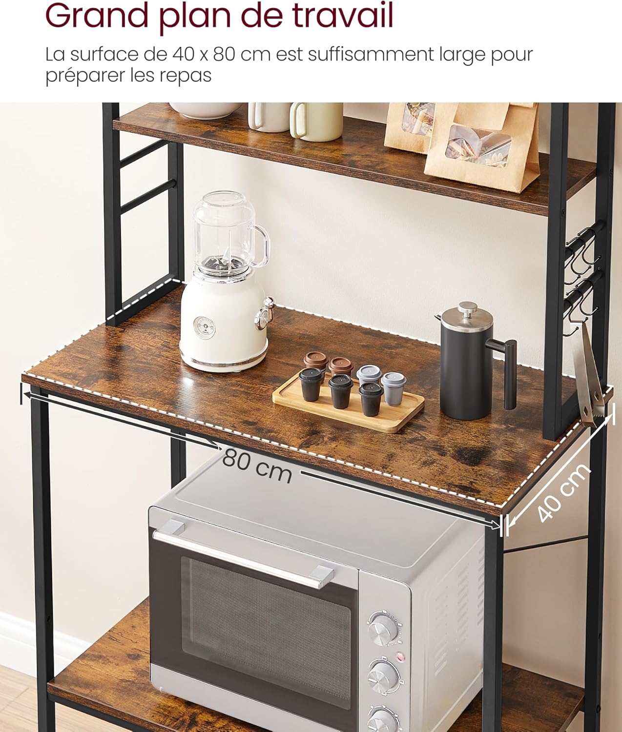 VASAGLE - étagère cuisine industrielle 40x80x167cm, 6 niveaux, crochets - KKS019B01