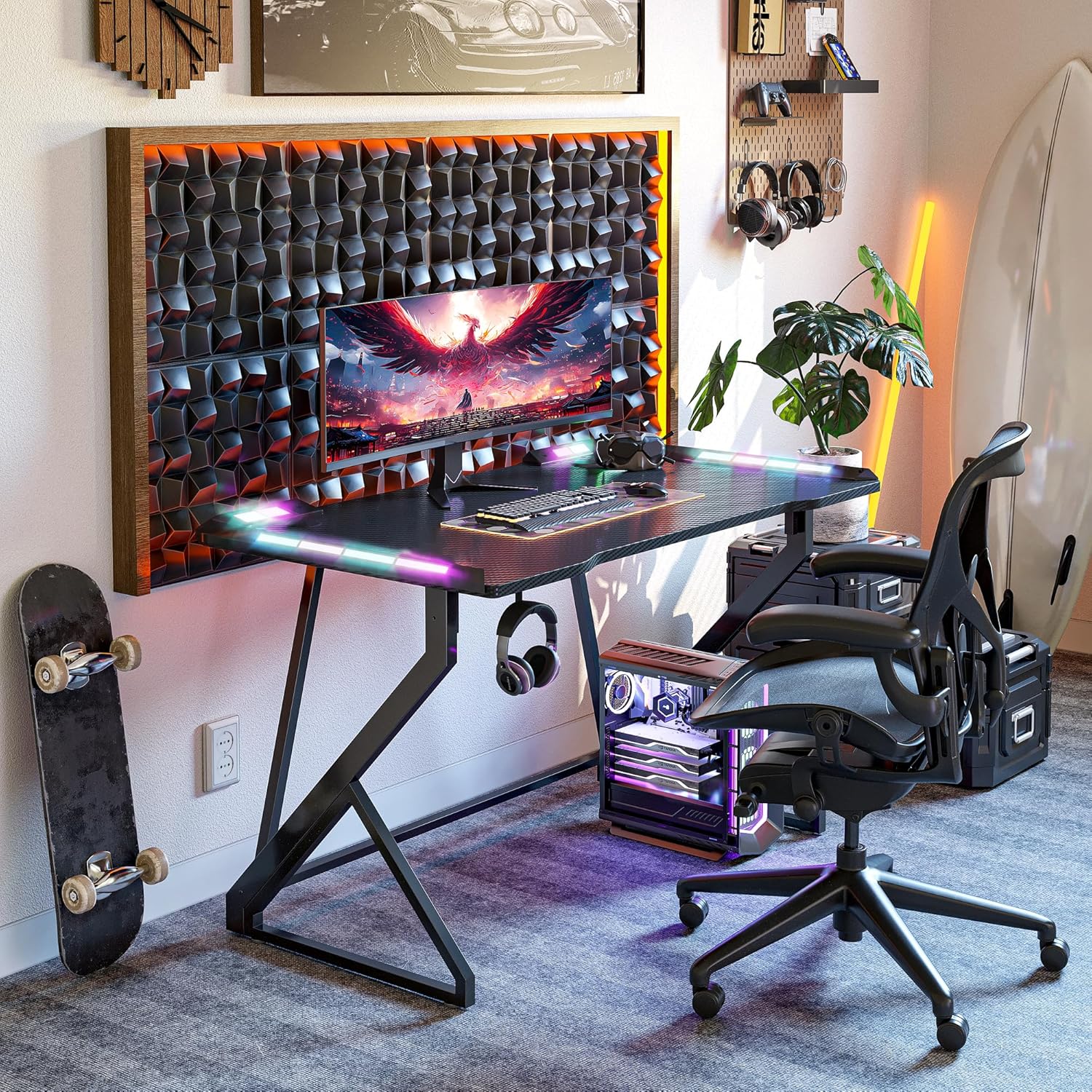 BEXEVUE - Armor - 120x50 cm - bureau gaming LED RGB, cadre Z, crochet casque