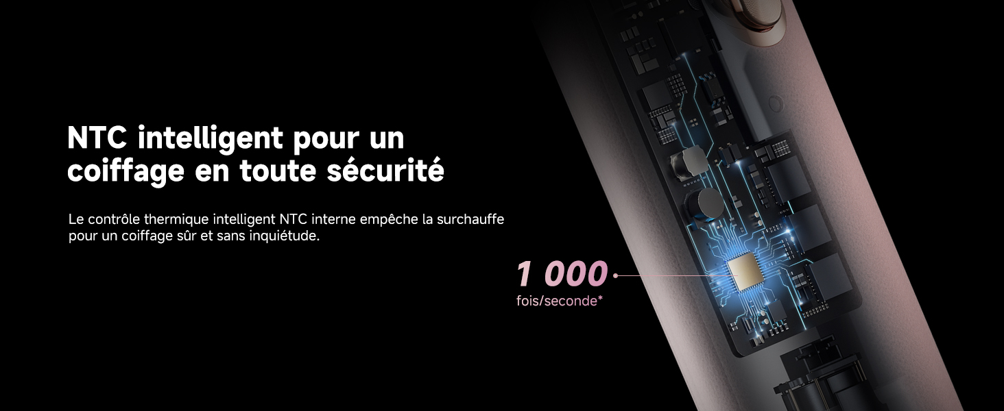 Le texte se lit comme suit : « NTC Intelligent pour un coiffage en toute sécurité ». Démonstration du produit montrant un appareil de coiffure avec affichage numérique et caractéristiques techniques.