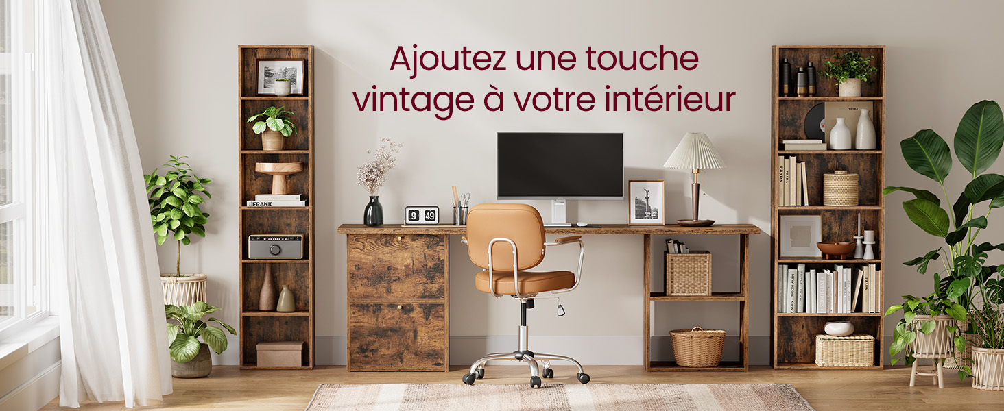 Configuration de bureau à domicile d'inspiration vintage avec des meubles en bois, des étagères, des plantes et du texte en français sur l'ajout d'une touche