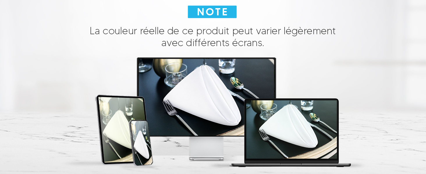 Appareil triangulaire blanc affiché sur plusieurs écrans, y compris un smartphone, une tablette et un ordinateur portable. La couleur des notes du texte en français peut varier.