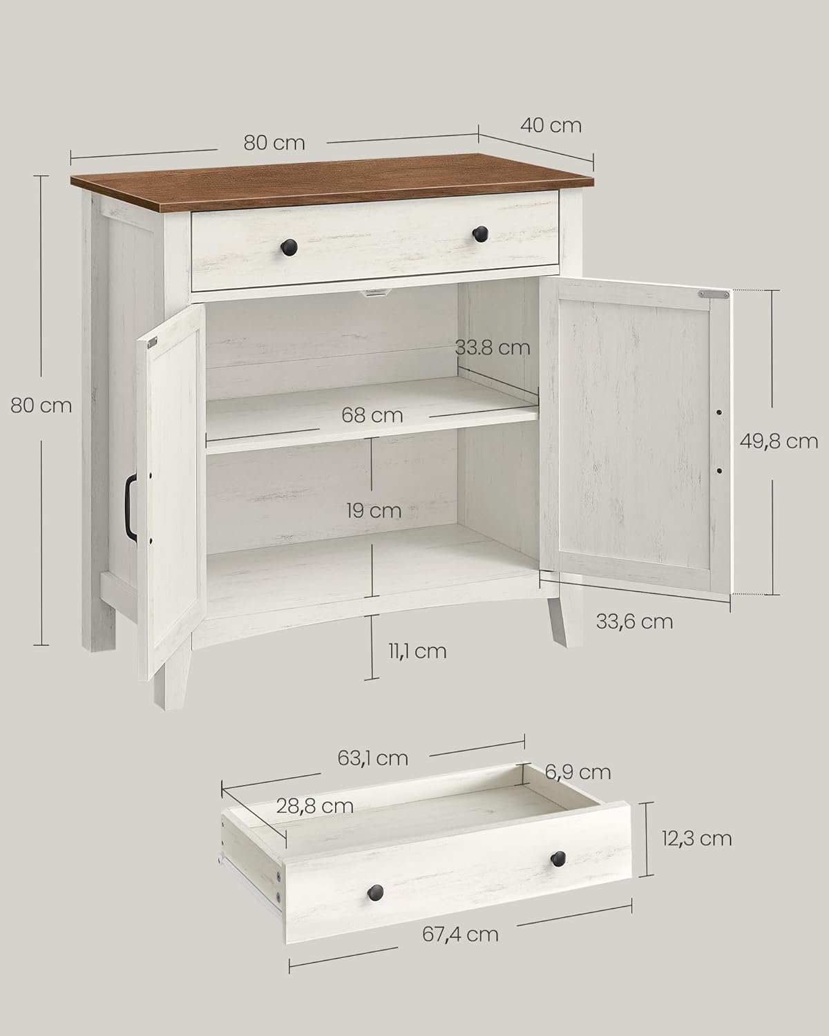 VASAGLE - Buffet rustique 80x40x80 cm, tiroir, étagère réglable BBK341W01