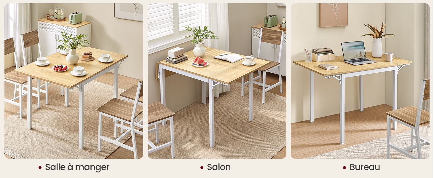 avec structure en métal blanc présenté en trois configurations : aménagement de la salle à manger, du salon et du bureau.