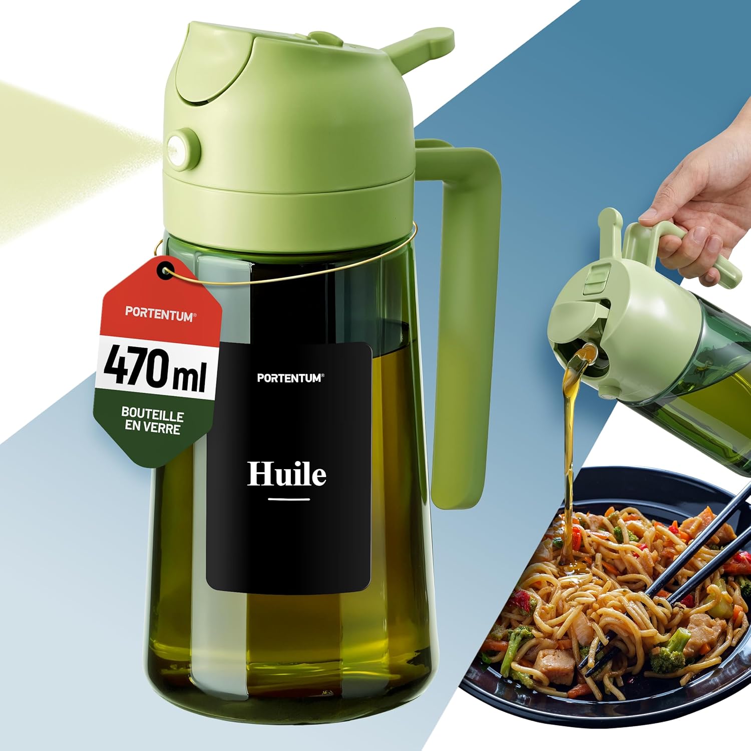 PORTENTUM - Spray huile cuisine 2en1, 470ml, verre vert, étiquettes multilingues