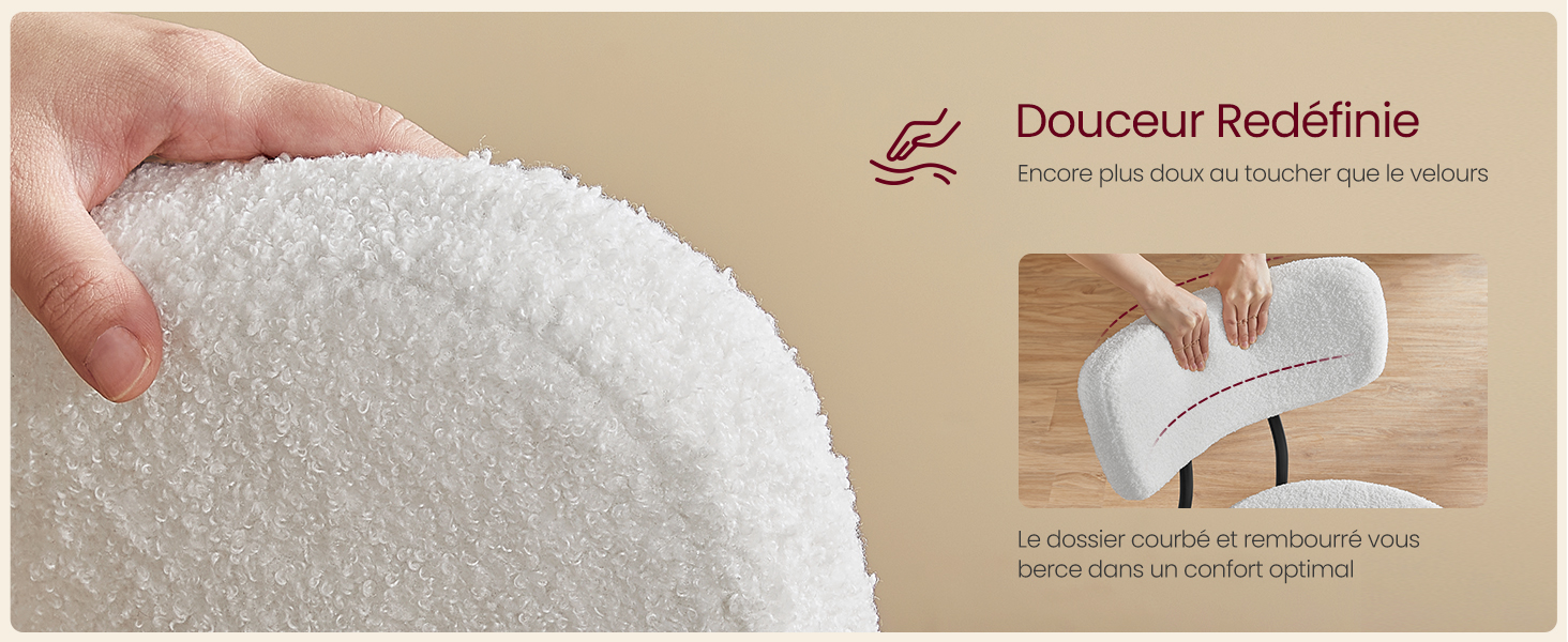 Serviette blanche et moelleuse à tenir entre les doigts. L'image incrustée montre une serviette repliée sur le bras. Le texte en français décrit la douceur redéfinie