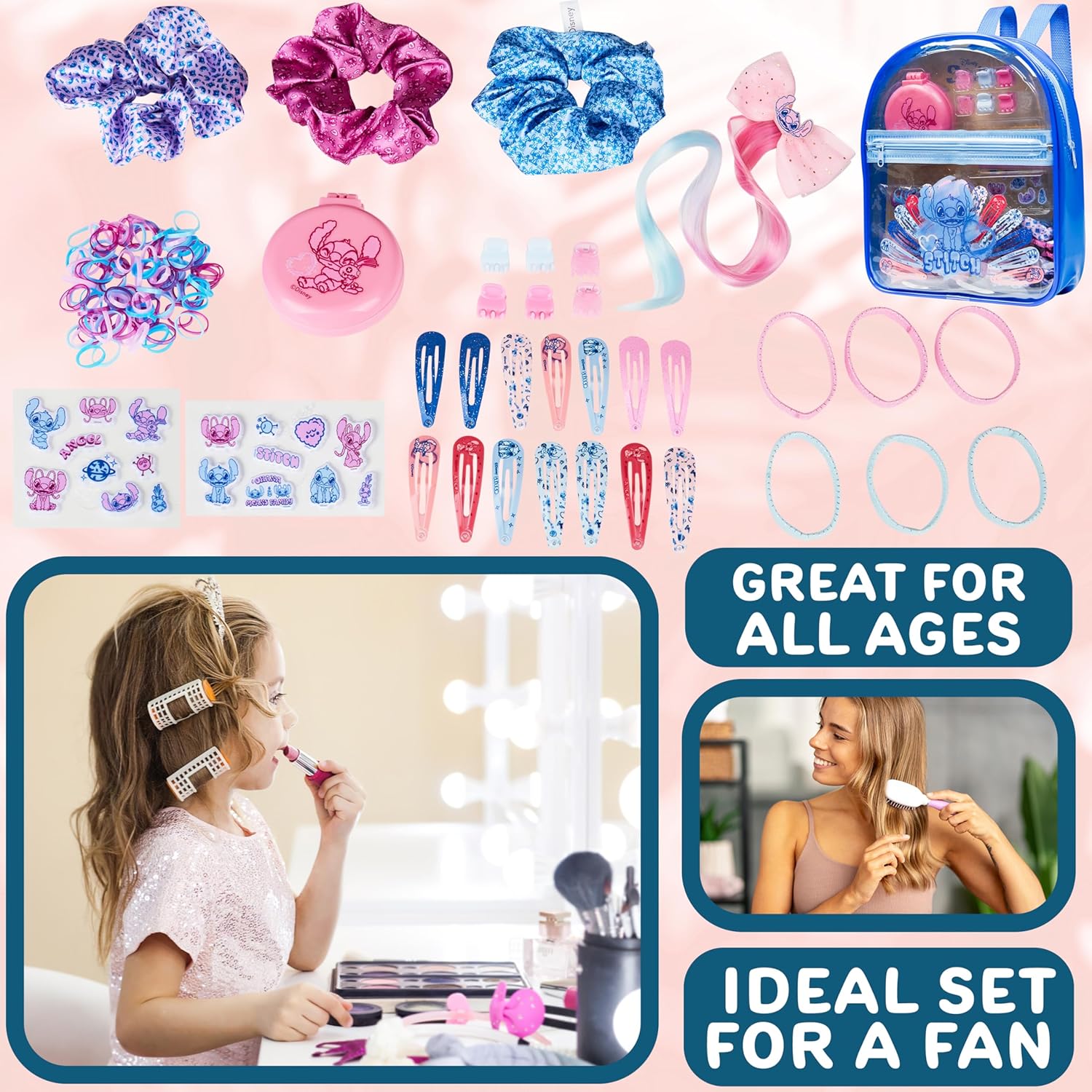 Get Trend - Coffret accessoires cheveux Stitch - sac à dos, barrettes, stickers, brosse pliante, chouchous