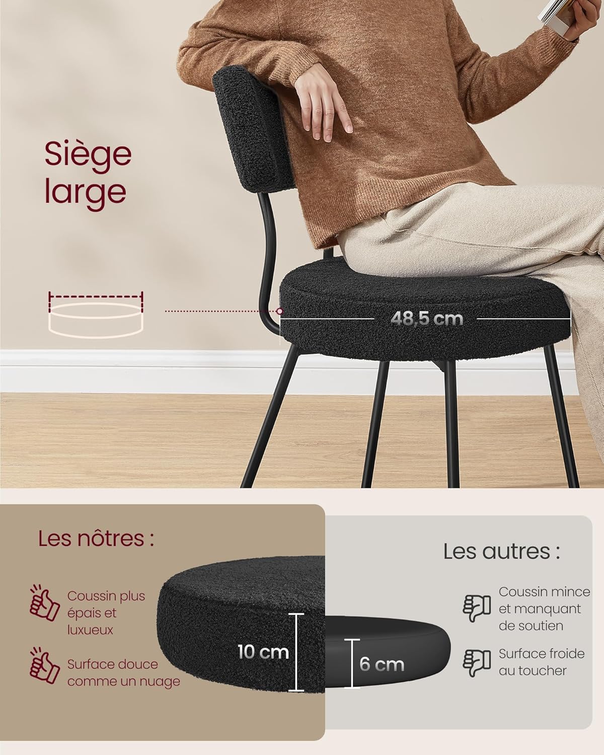 VASAGLE - Chaises salle à manger, lot de 4, tissu peluche, dossier courbé, cadre acier, rembourrées, noir, KDC110B14