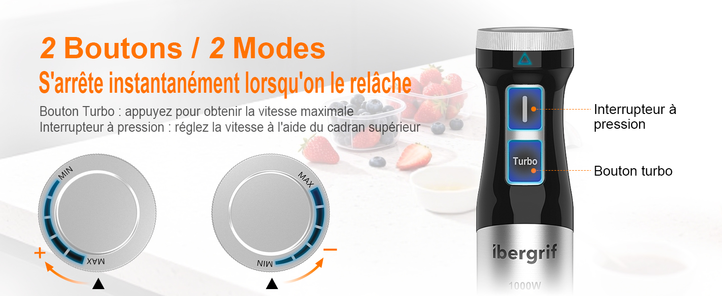 Le texte indique « 2 boutons/2 modes » et « Arrête instantanément lorsqu'on le relâche ». Schéma de l'interface du produit montrant deux boutons de commande avec indicateurs de mode.