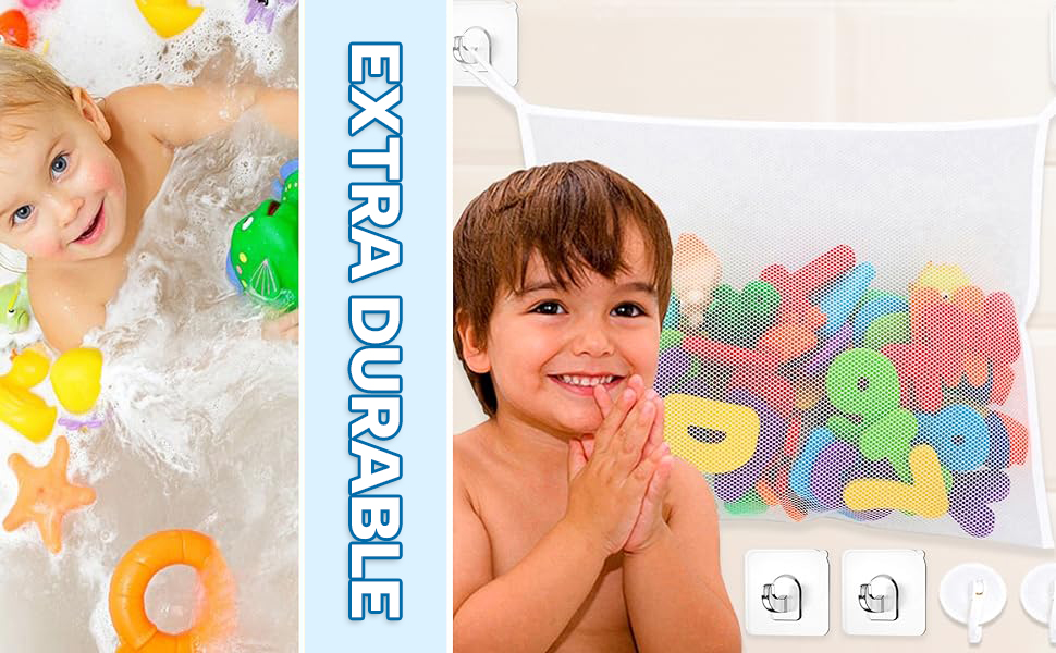 étiqueté « EXTRA DURABLE » avec des poches en filet contenant des lettres en mousse colorées et des jouets. Ventouses visibles pour la fixation.