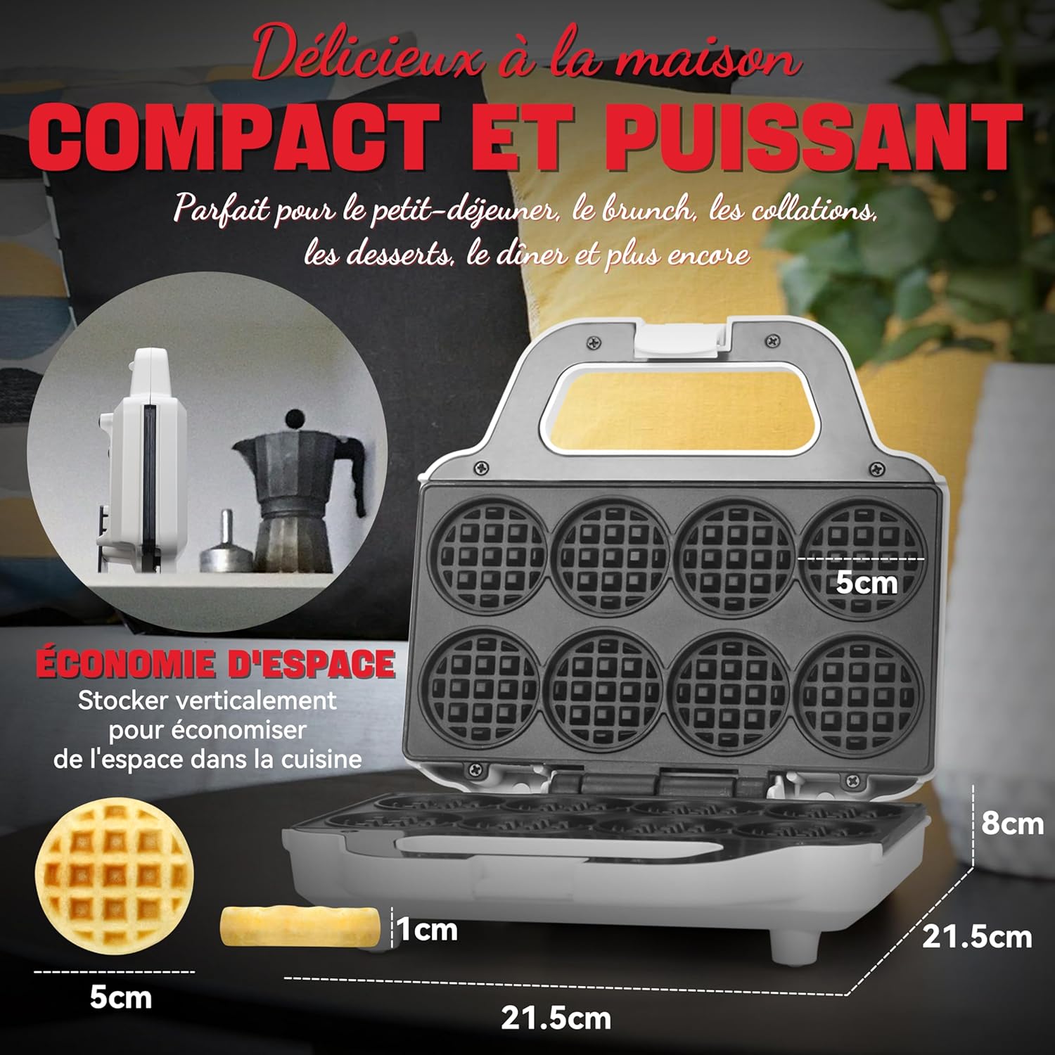 Mini Waffle Maker - petit gaufrier 8x5cm, compact, surface antiadhésive, recette incluse, blanc