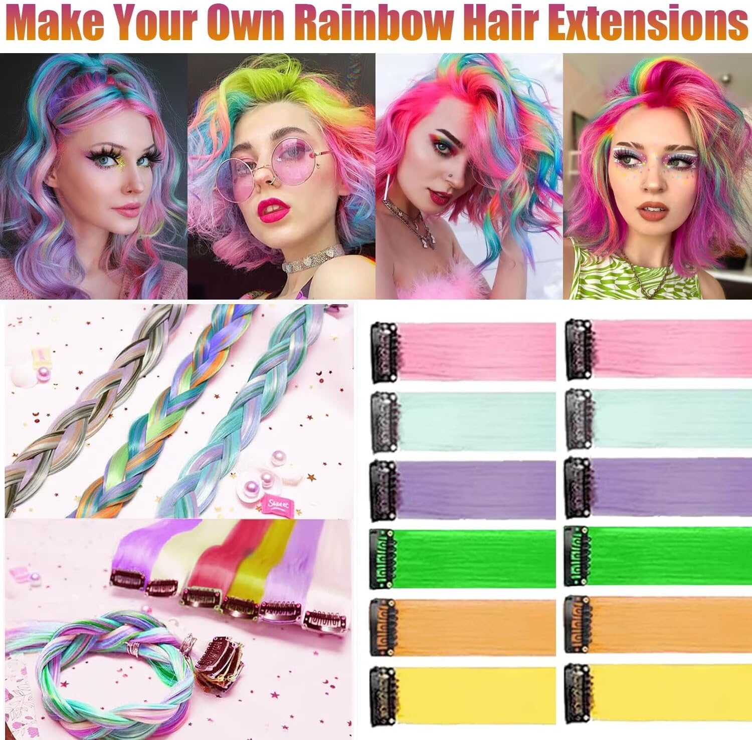 Extensions cheveux - mèches à clips - 55 cm - 12 couleurs variées enfants