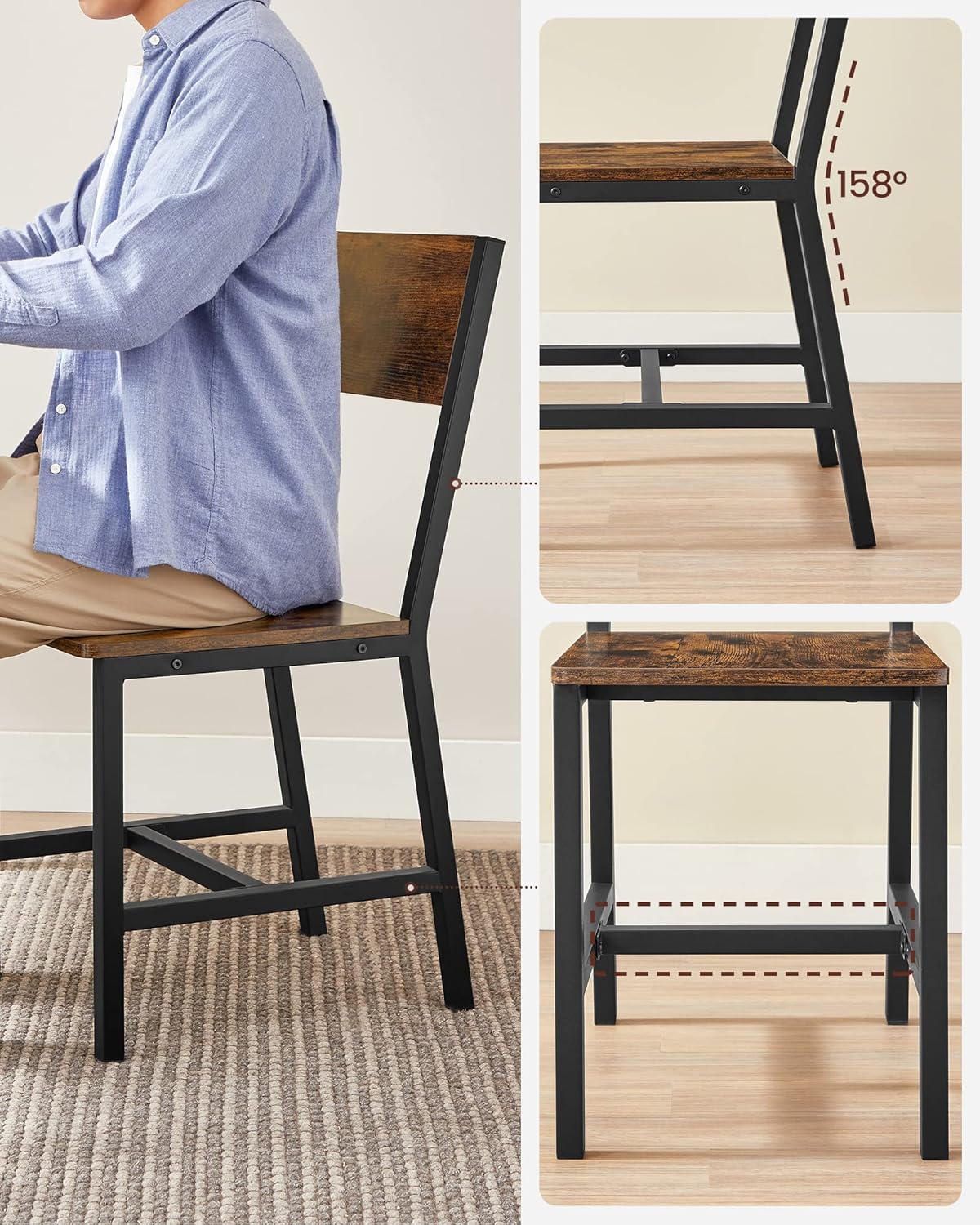 VASAGLE - chaises industrielles, lot de 4 acier, marron/noir, LDC093K02