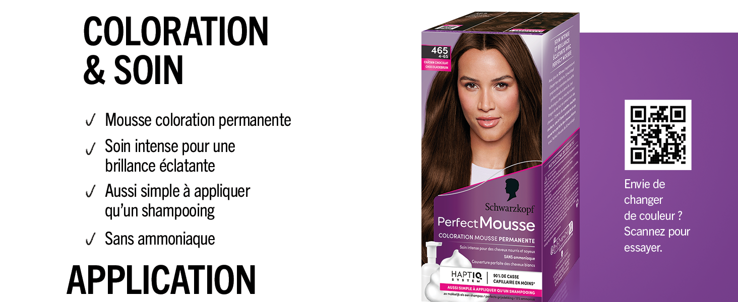 Le texte indique « COLORATION ET PEAU » et « APPLICATION » avec des images sur l'emballage du produit indiquant les instructions de coloration des cheveux et le processus d'application.