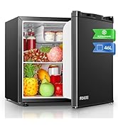 Réfrigérateur noir compact avec porte ouverte montrant un intérieur rempli de fruits, de légumes et de boissons. Texte extérieur : « Kühlschrank » et « 46L »