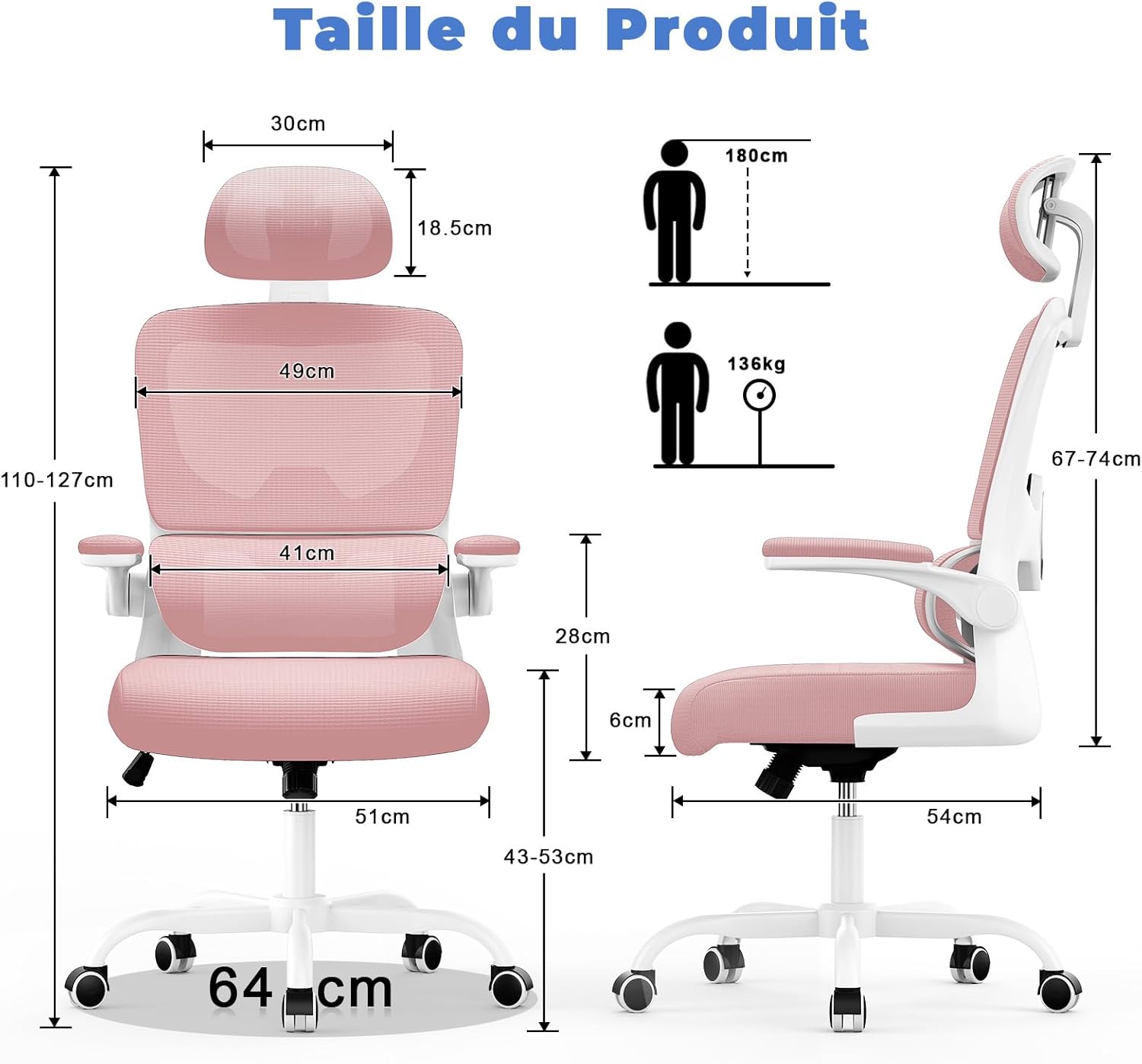 Chaise de bureau ergonomique - support lombaire réglable - appui-tête & accoudoirs ajustables - maille respirante, rose