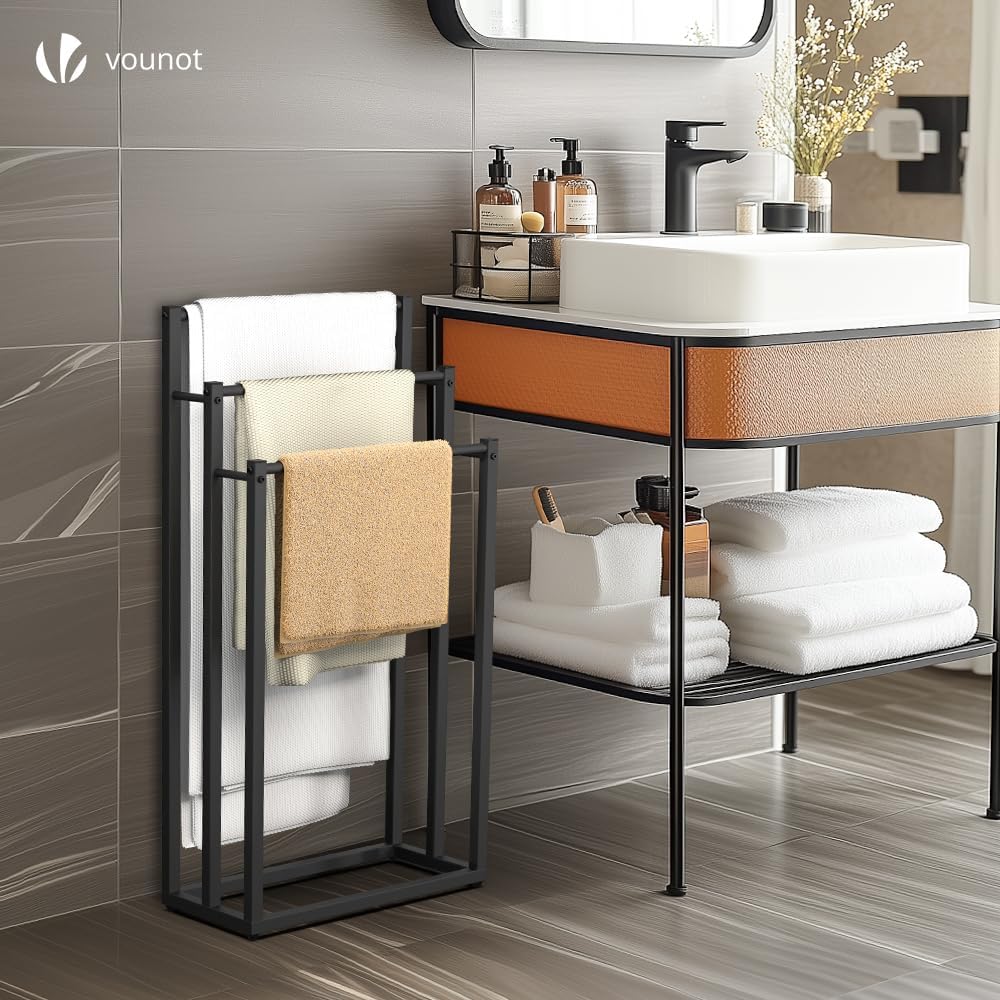 VOUNOT - porte-serviettes 3 niveaux métal, noir, stable et compact