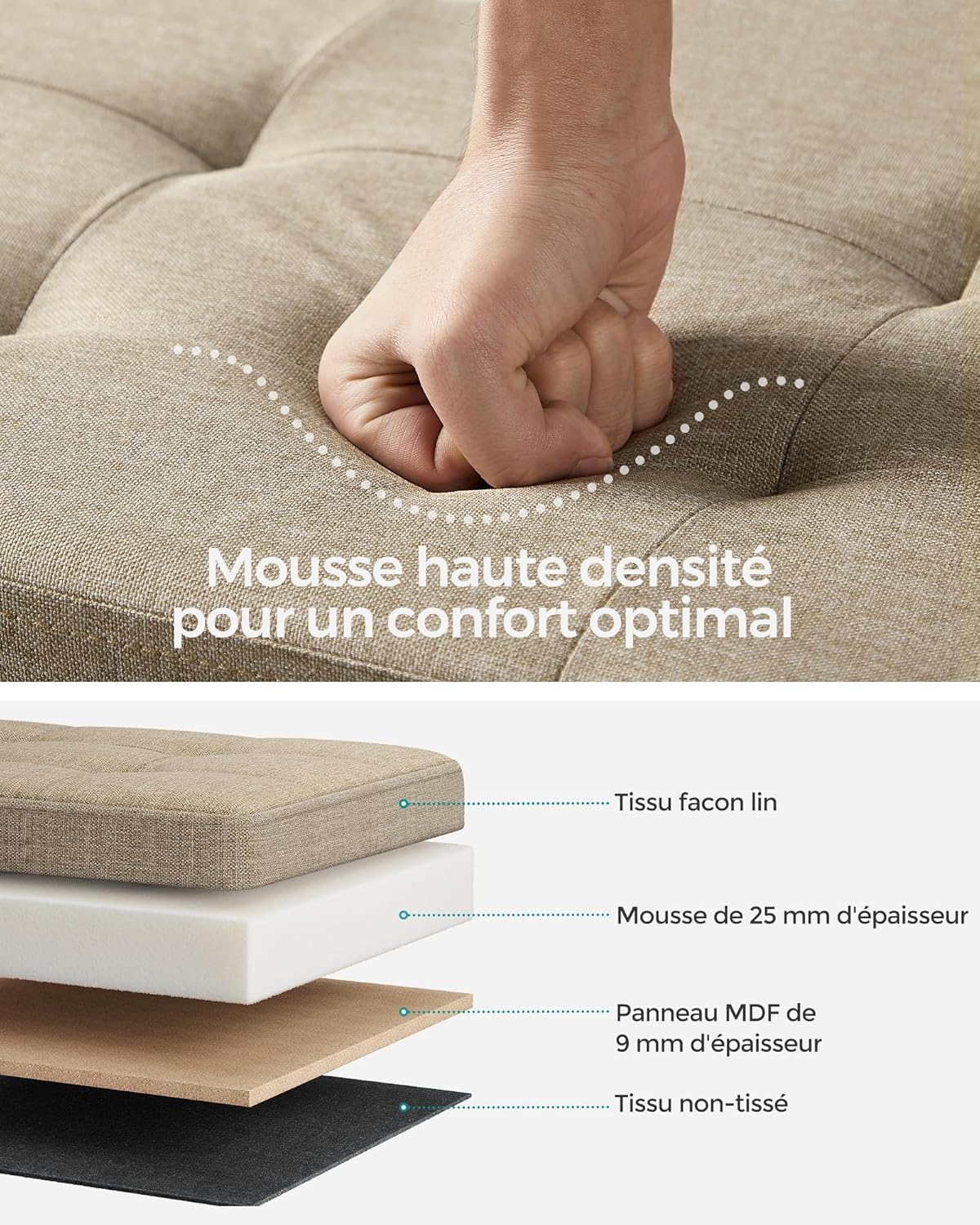 SONGMICS - Mazie Collection - banc pliable 110 cm, rangement bout de lit, montage facile, marron camel, LSF077R01