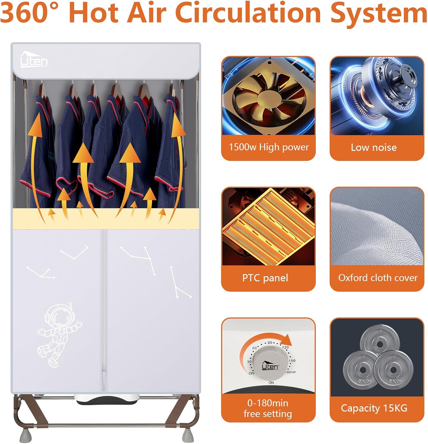 Séchoir électrique pliable - 1500W, 15kg, sac rangement, gris