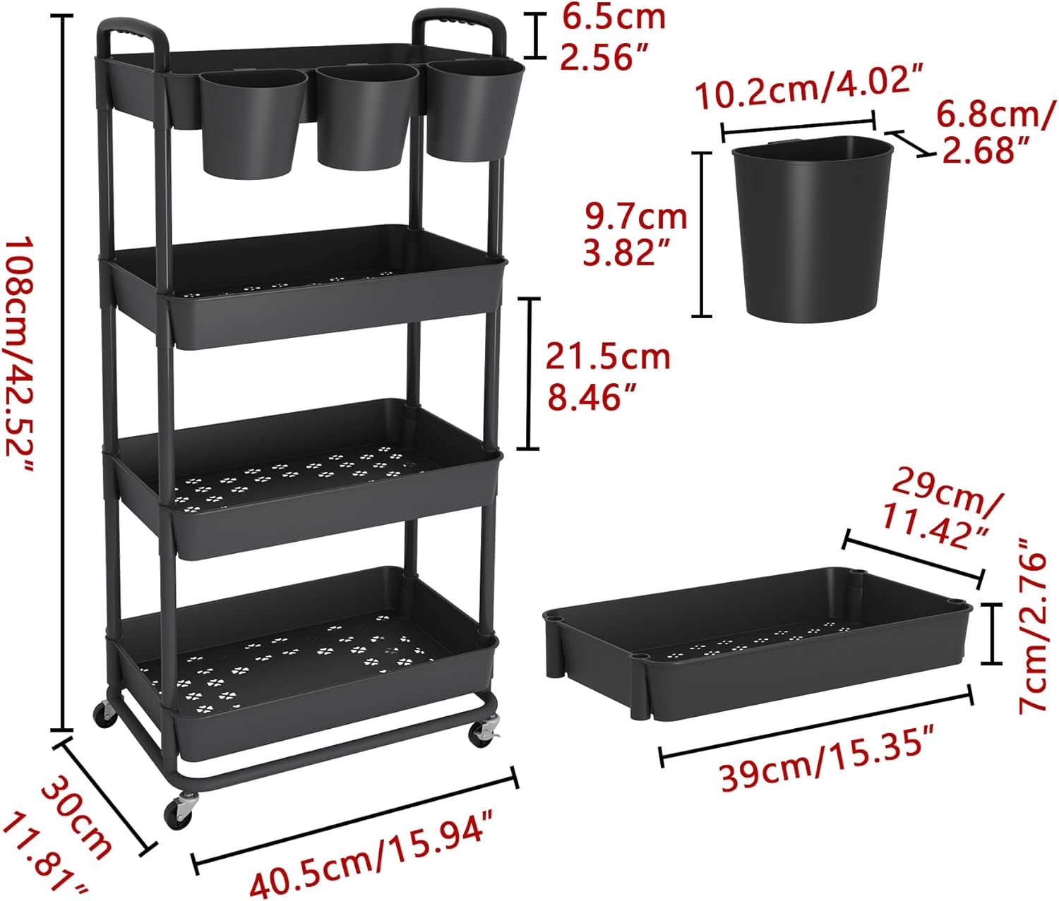 JIUYOTREE - chariot 4 niveaux, roulettes verrouillables, gobelets, poignées, noir