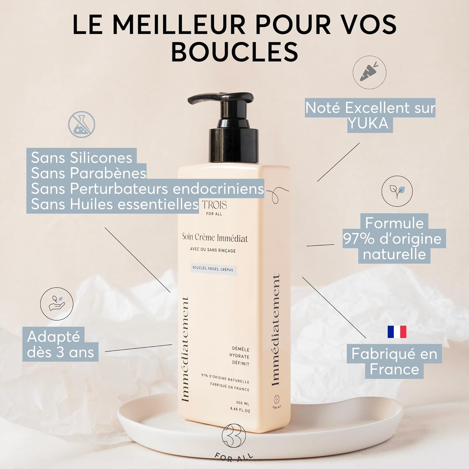 Crème cheveux bouclés - soin 2-en-1, définition et démêlage - 250ml