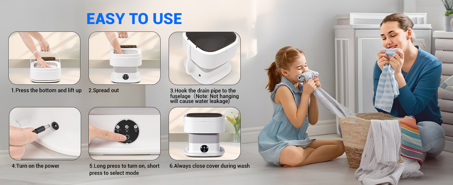 présentant des étapes faciles à utiliser pour un produit. Six panneaux présentent l'utilisation, y compris l'ouverture, l'insertion et le nettoyage. Image des personnes utilisant le produit.