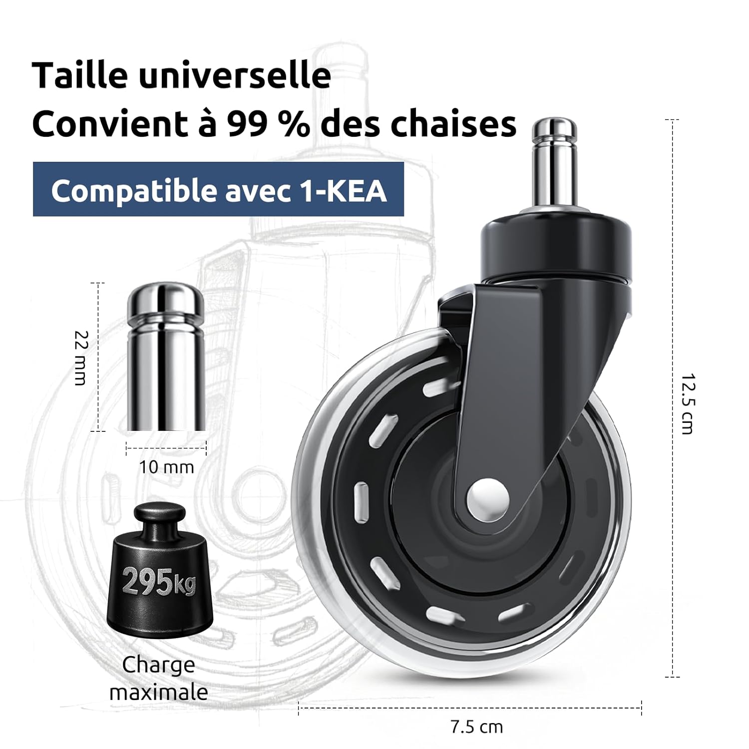 COSYLAND - Set de 5 roulettes - 10x22 mm - silencieuses, sols durs