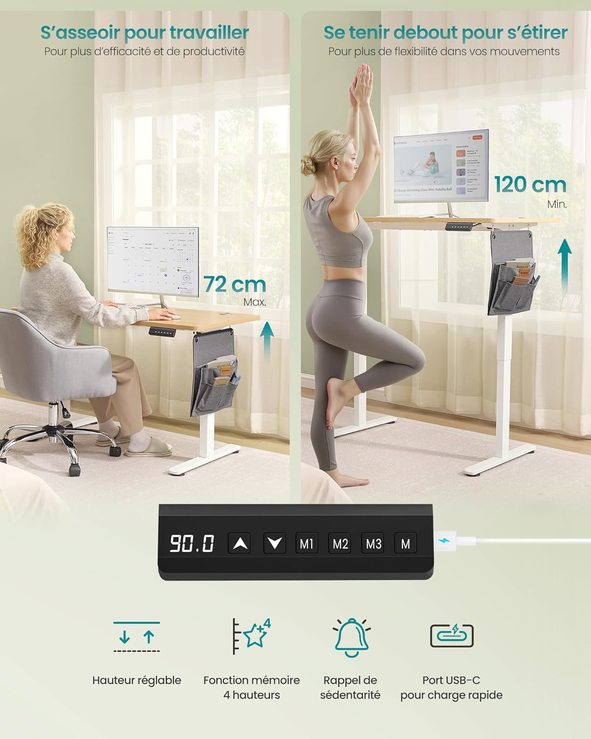 SONGMICS - bureau électrique - 120x60 cm - réglable, mémoire 4 hauteurs LSD132YA01