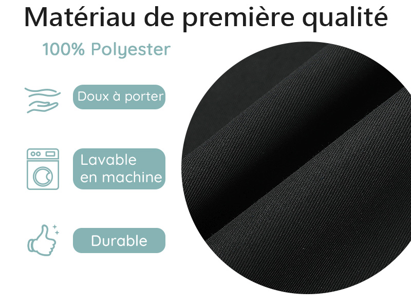 Gros plan d'un tissu en polyester noir. Le texte indique qu'il est 100 % polyester, doux à porter, lavable en machine et durable. Le matériau semble lisse avec une légère brillance.