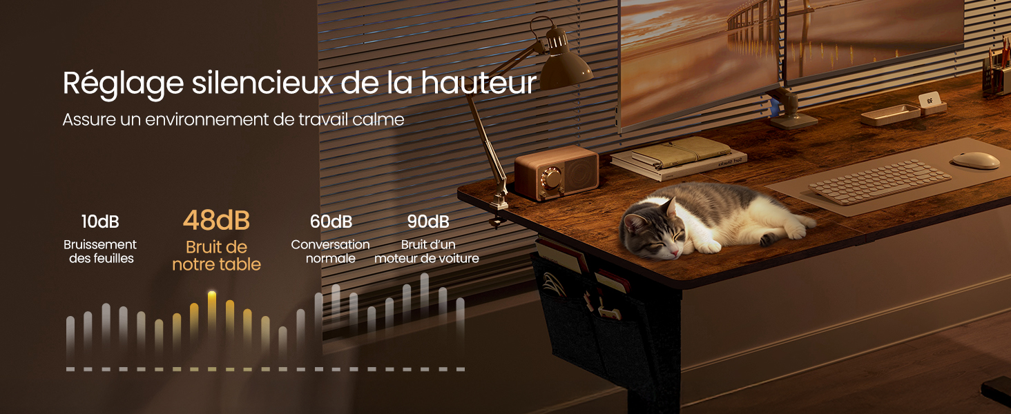 montrant les niveaux de bruit lors du réglage de la hauteur, représentant un chat dormant sur un bureau. Le graphique affiche les niveaux de décibels pour différentes actions, en mettant l'accent sur le fonctionnement silencieux.