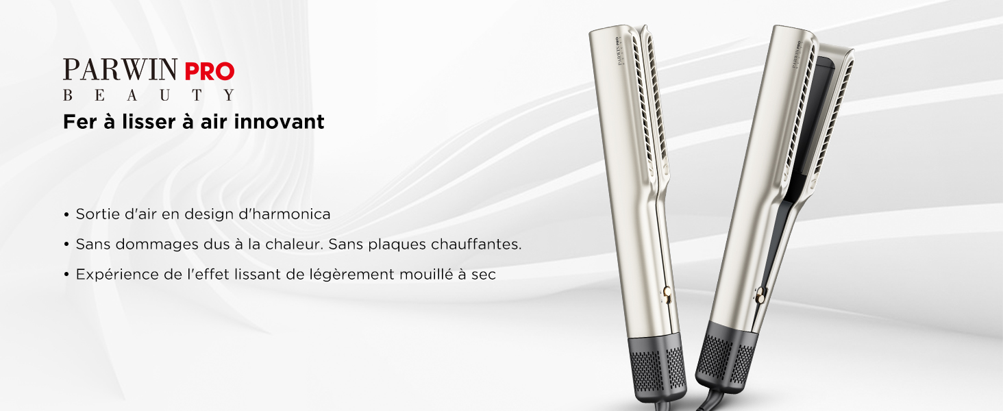 Deux outils de coiffure en argent avec des barils longs et étroits. Le texte « PARWIN PRO » est visible. Le produit prétend être léger et innovant.