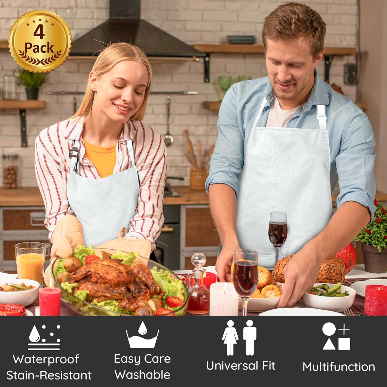 atopo - tablier chef réglable, 2 poches, étanche, blanc, lot de 4