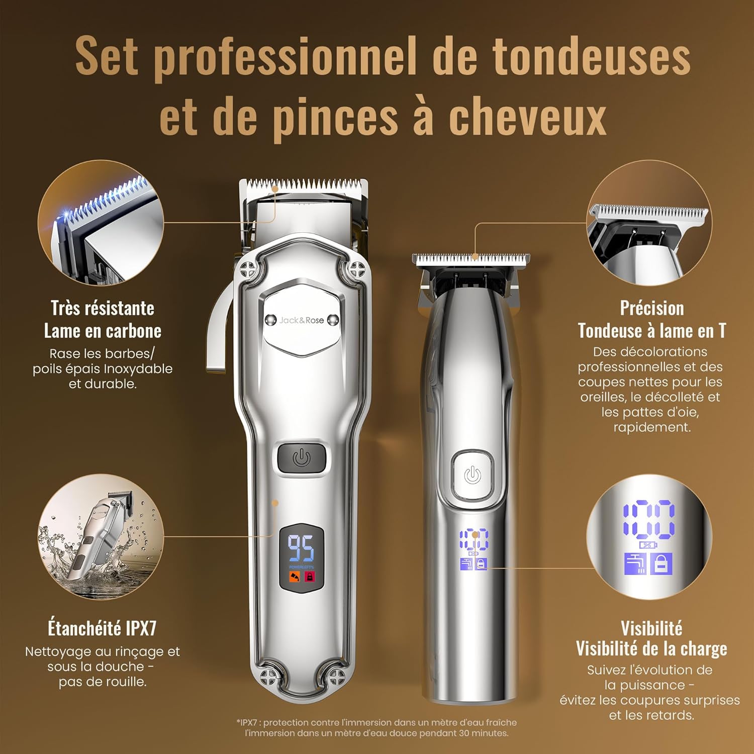 Tondeuse à cheveux - set professionnel étanche IPX7, coupe & barbe