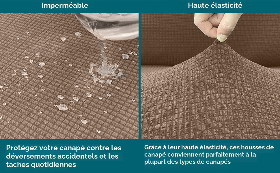 Le texte se lit comme suit : « Imperméable » et « Haute élasticité ». Image divisée montrant des gouttelettes d'eau sur la surface du tissu texturé brun et le tissu étiré pour démontrer son élasticité.