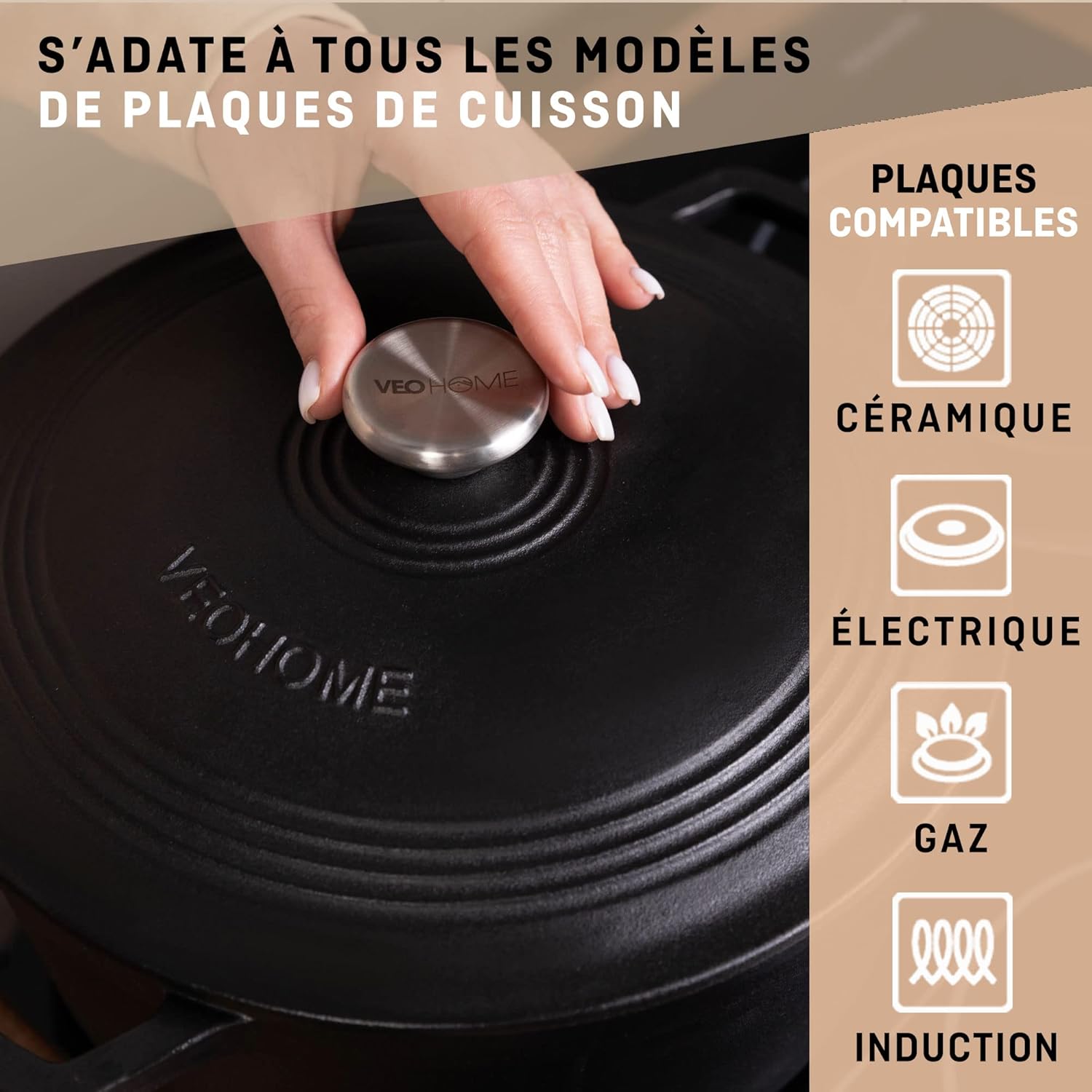 VeoHome - cocotte fonte émaillée - 28 cm 6L - induction, four, couvercle relief