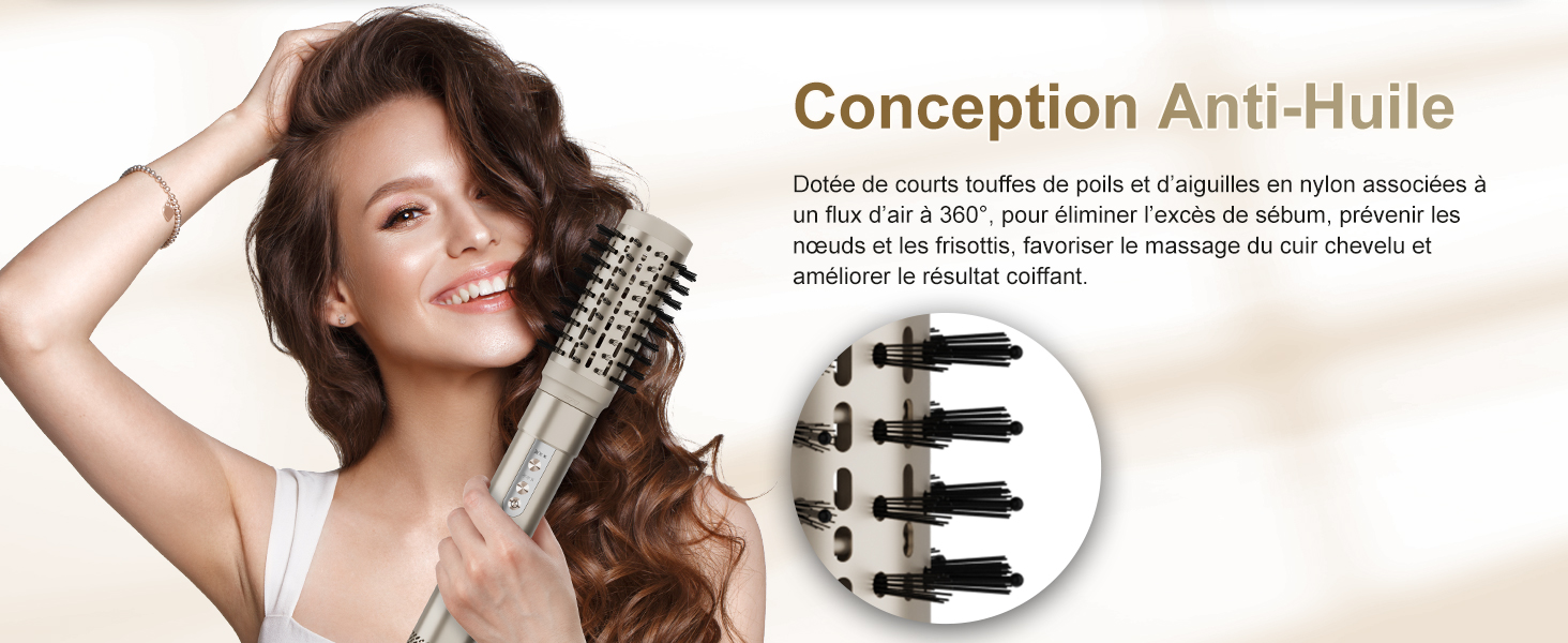 Le texte indique « Conception Anti-Huile ». Une série de photographies promotionnelles de produits de beauté ou de soins capillaires illustrant des techniques de coiffage à l'aide de pinceaux et d'outils professionnels.