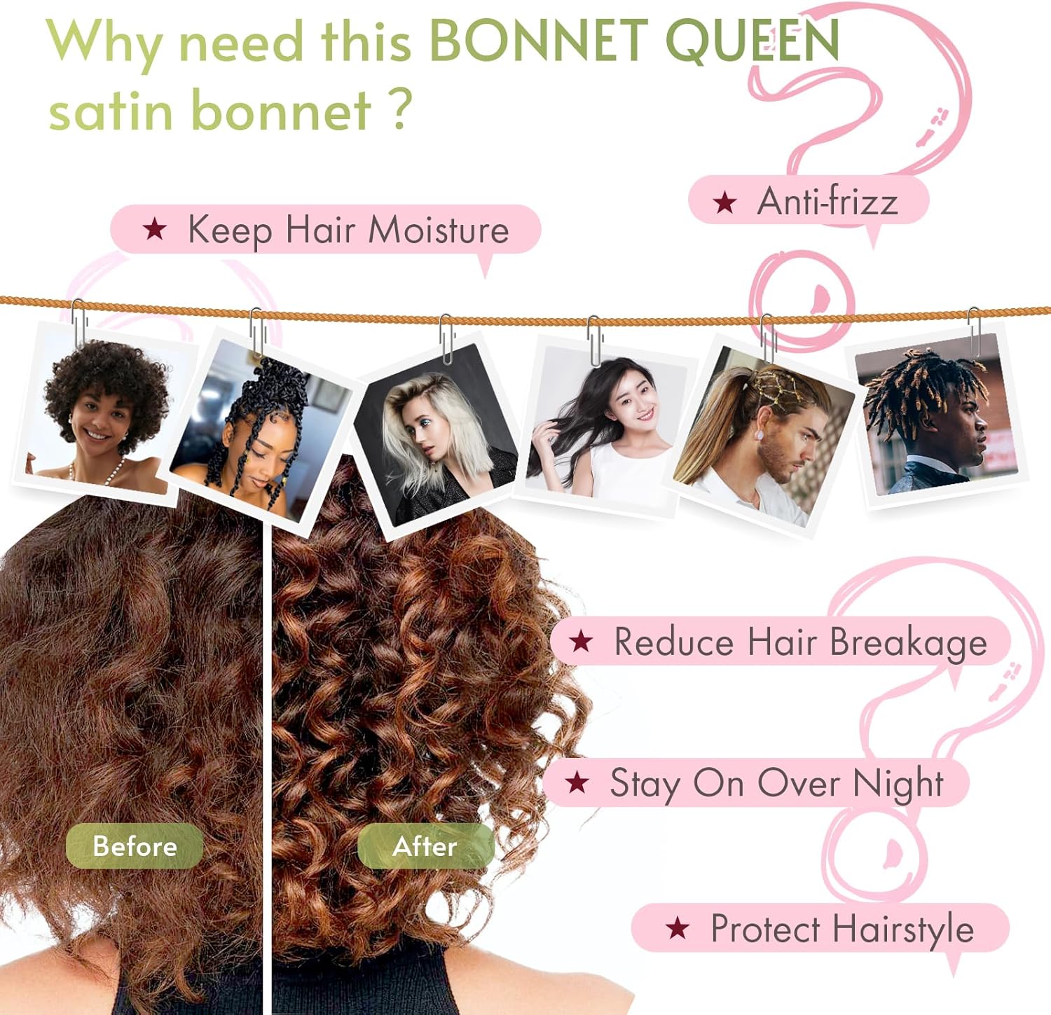 BONNET QUEEN - bonnet satin nuit réglable - moyen - bande longue, rouge