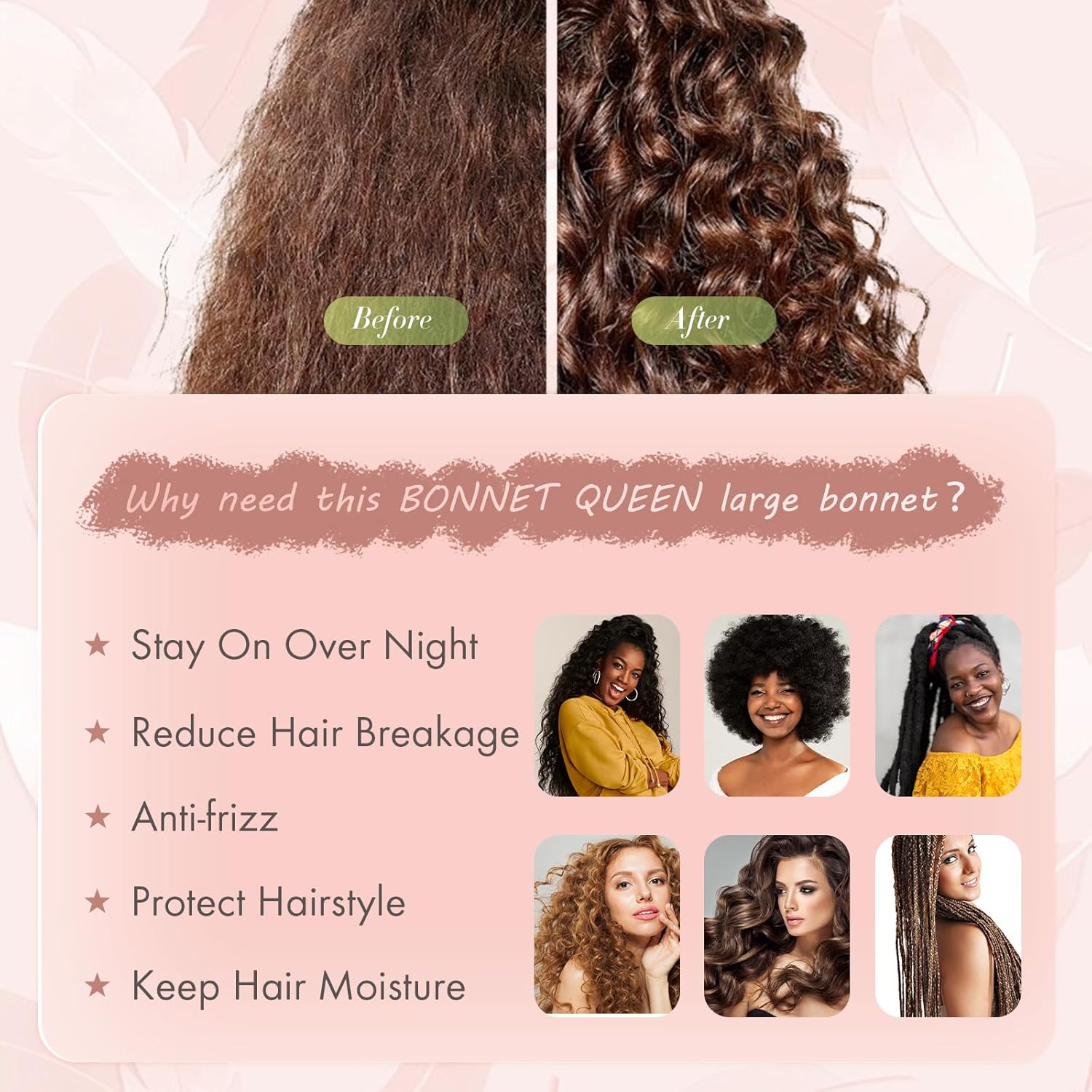 BONNET QUEEN - bonnet satin ajustable, grand, rose, elastique long