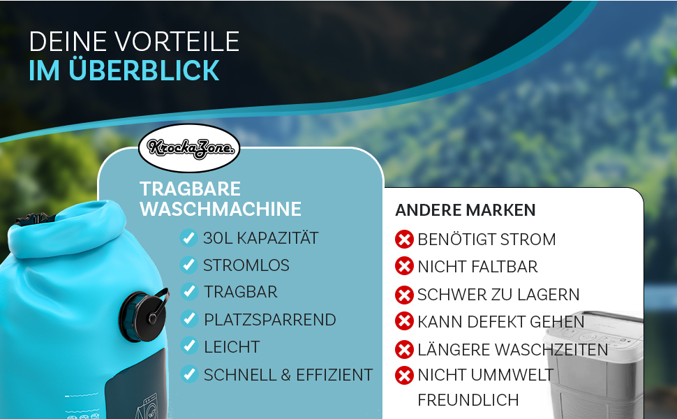 pour la machine à laver portable WonderWash. Dispose d'une capacité de 30 L, sans fil, portable, peu encombrant, léger, rapide et efficace. Contraste avec les limites des autres marques
