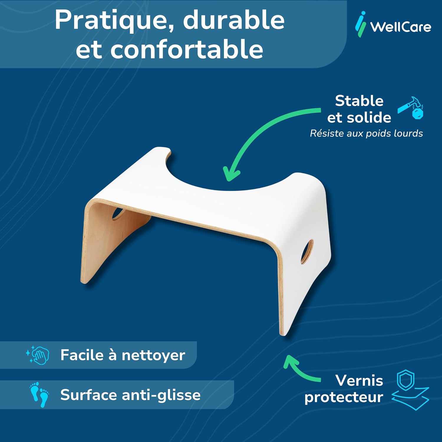 Well Care - Tabouret WC Bois Verni Blanc - Fabriqué France - Position Physiologique Adulte