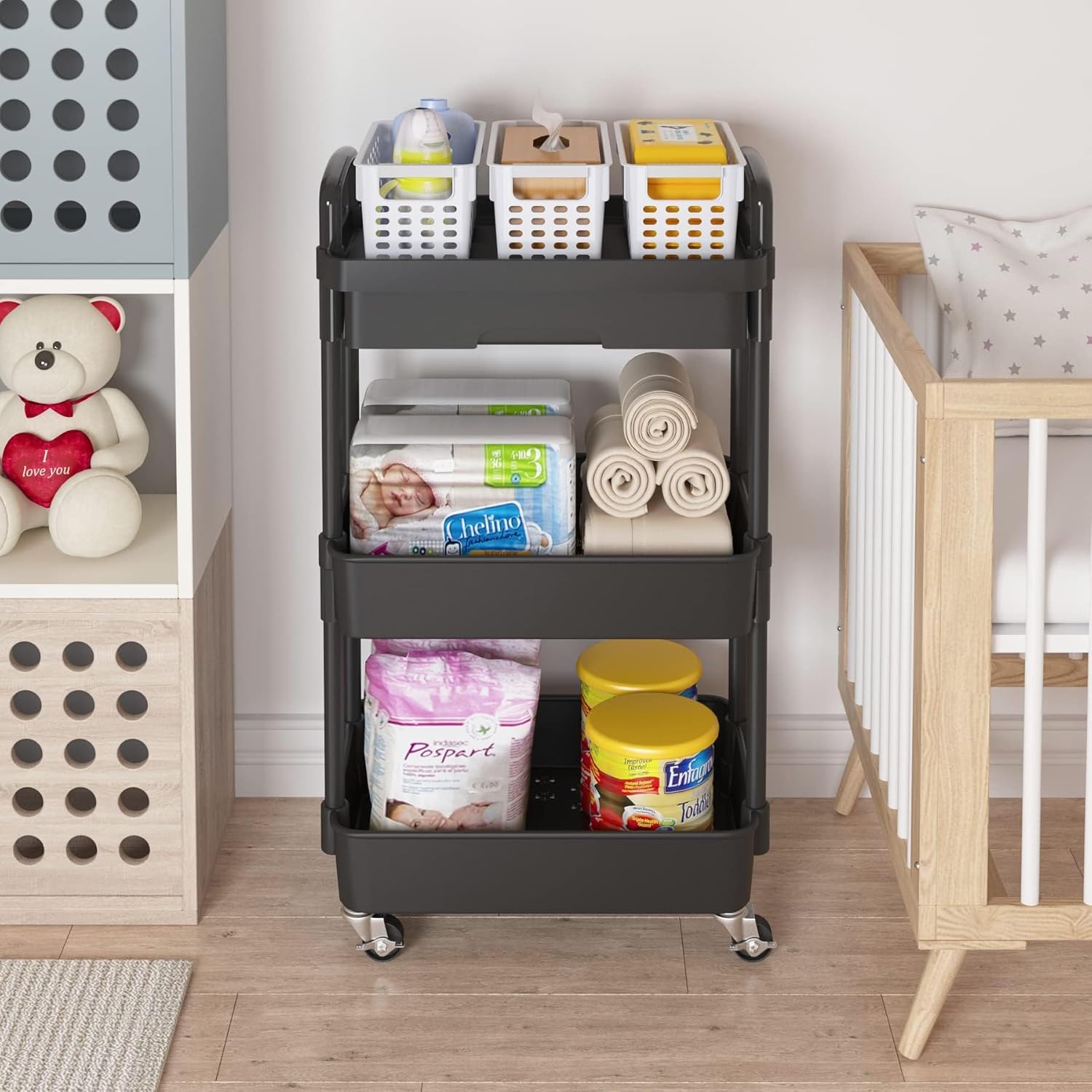 Chariot de rangement - 3 niveaux - à roulettes, plastique, avec tiroir