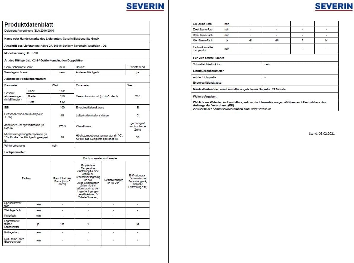 SEVERIN - réfrigérateur congélateur 2 portes, 55 cm, 206L, classe E, Veggibox, DT8760