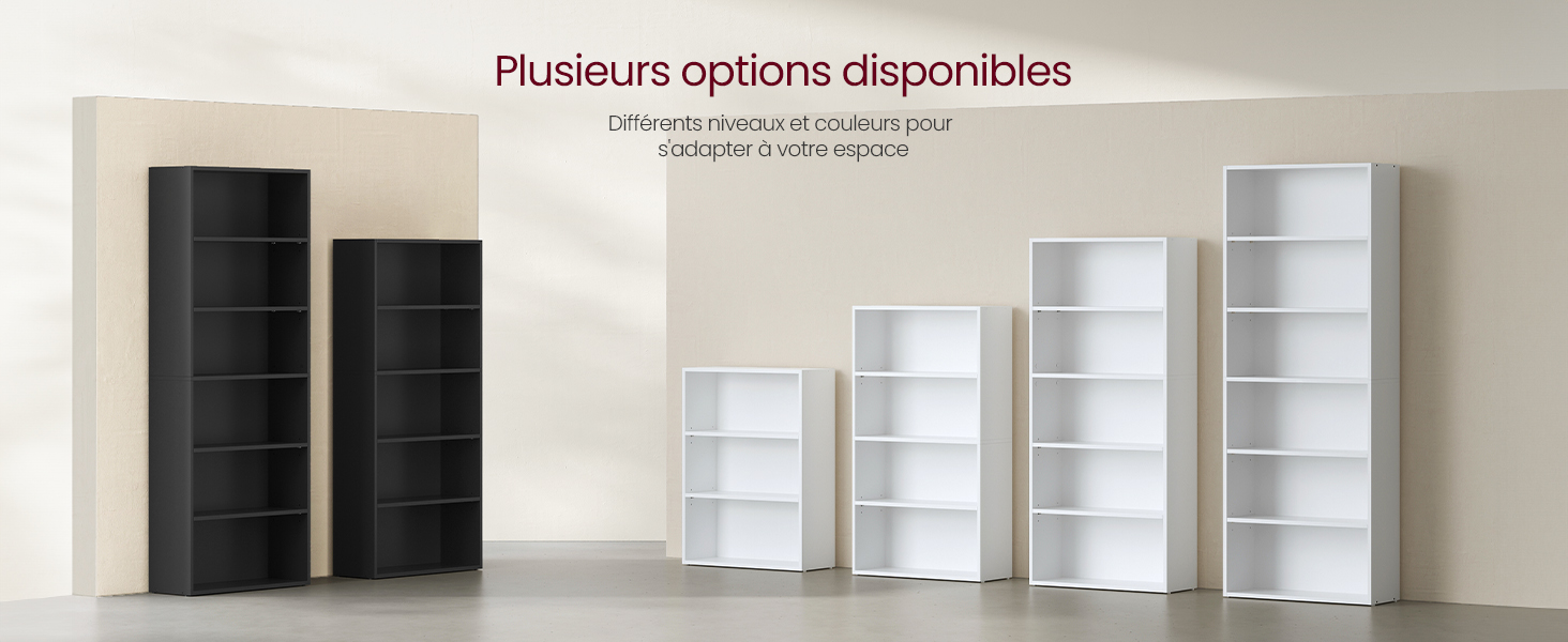 Présentoir d'étagères modulaires aux finitions noir et blanc, présentant différentes hauteurs avec de multiples compartiments d'étagères contre un mur neutre